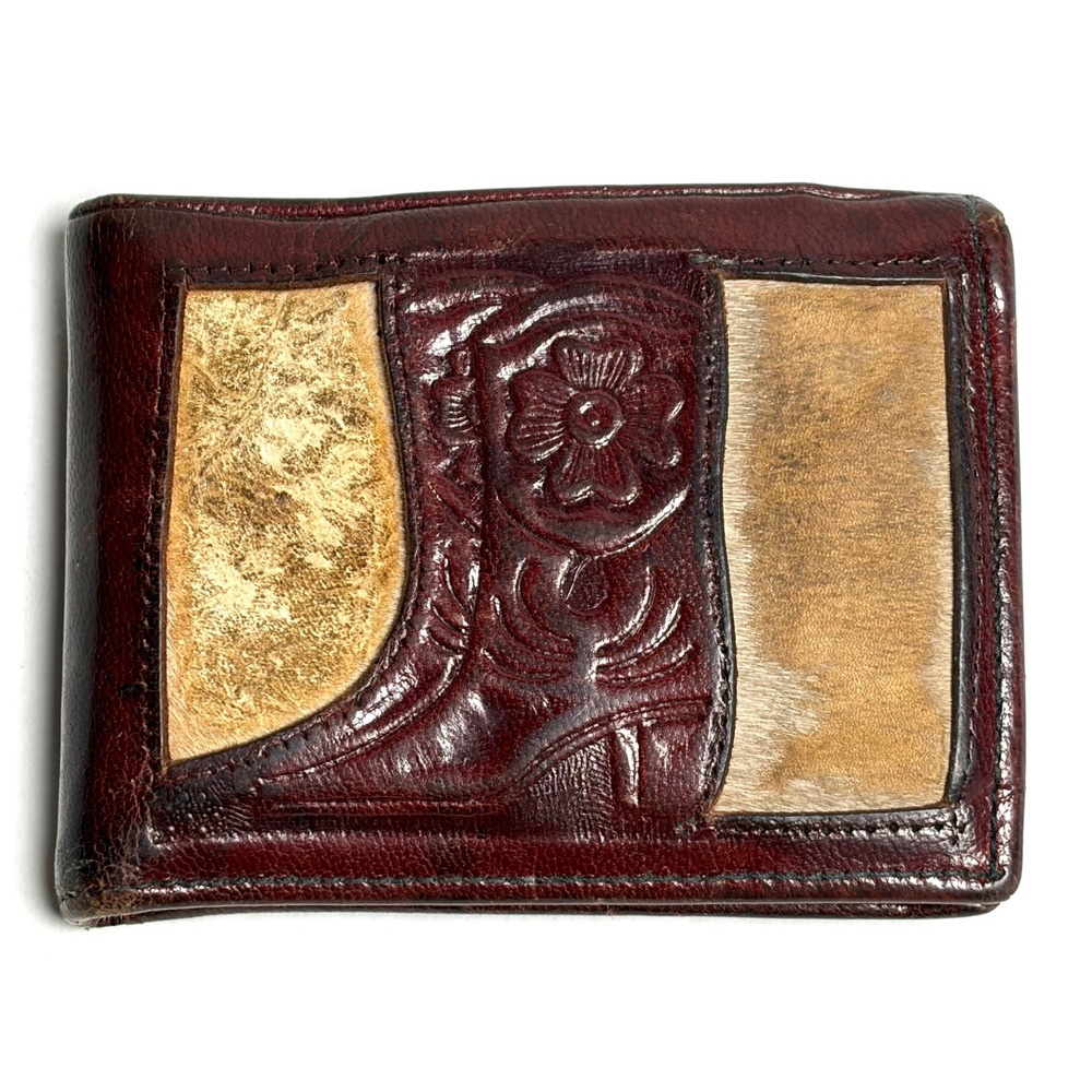 Vtg Mexican‎ Tooled Leather Bifold Wallet Cowboy Boot Hair-On Cowhide DAMAGED